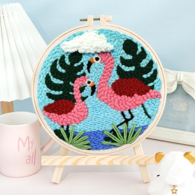 Tropical Flamingo Pair Punch Needle Kit - pink and green flamingo design with large monstera leaves