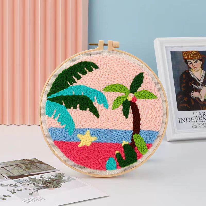 Tropical Shoreline Punch Needle Kit - pink and green tropical beach design with a pastel sky