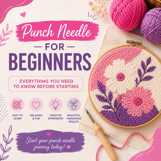 Punch needle for beginners tutorial cover with pink and purple floral embroidery and yarn supplies