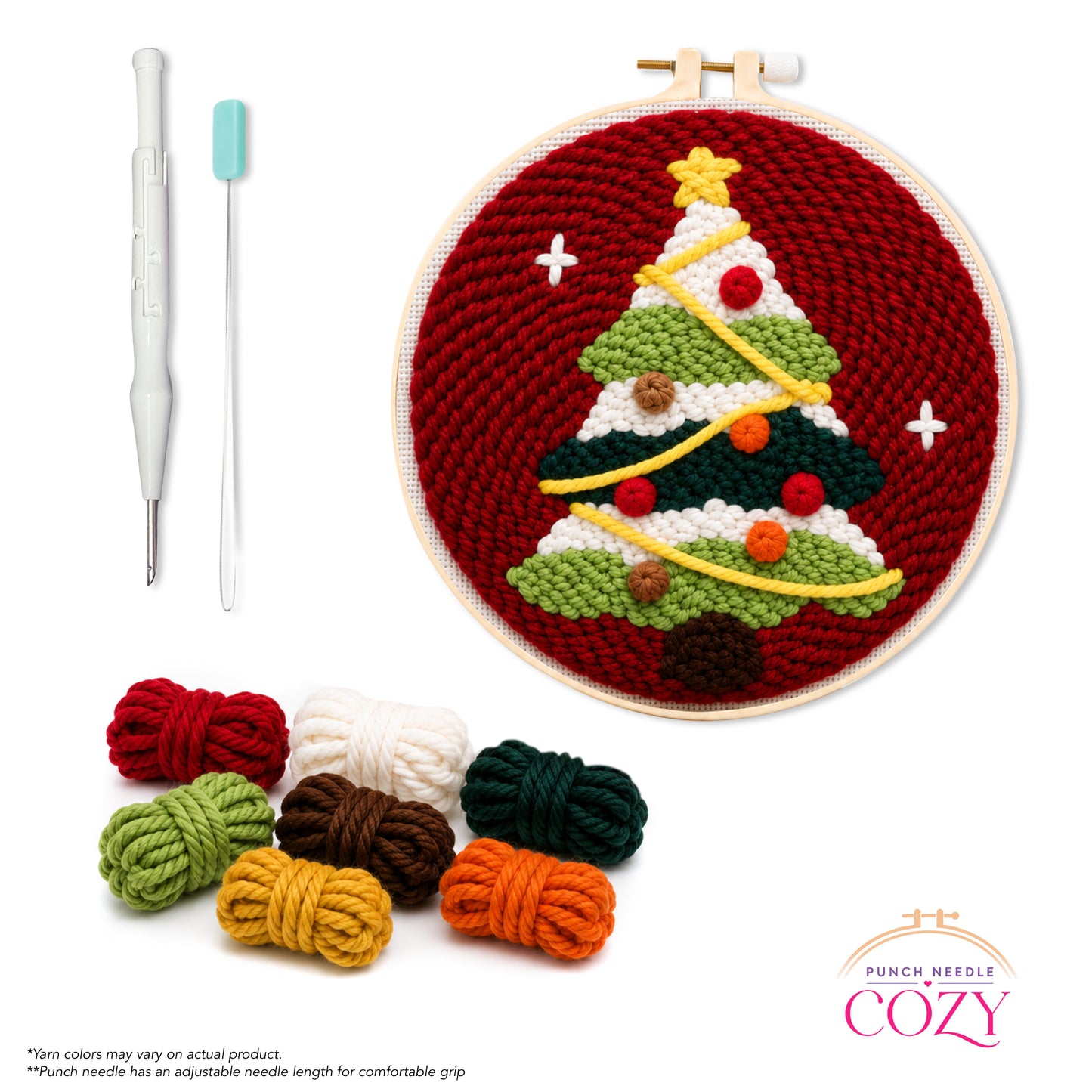 Christmas tree design in an embroidery hoop with yarn and punch needle tools on a white background.