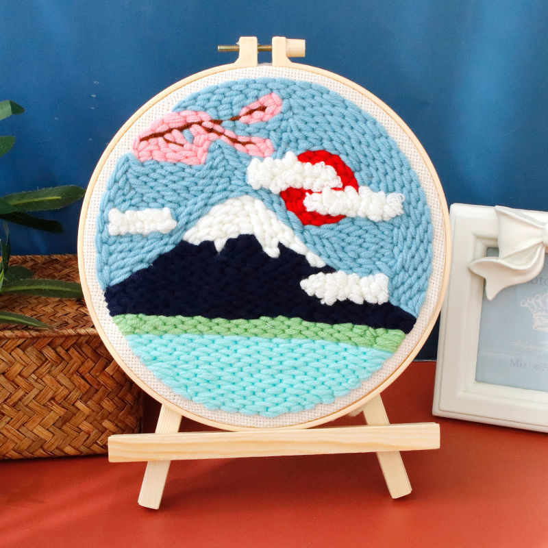 Fuji Cherry Blossom Punch Needle Kit - blue and white Mount Fuji design with a red sun and pink cherry blossoms