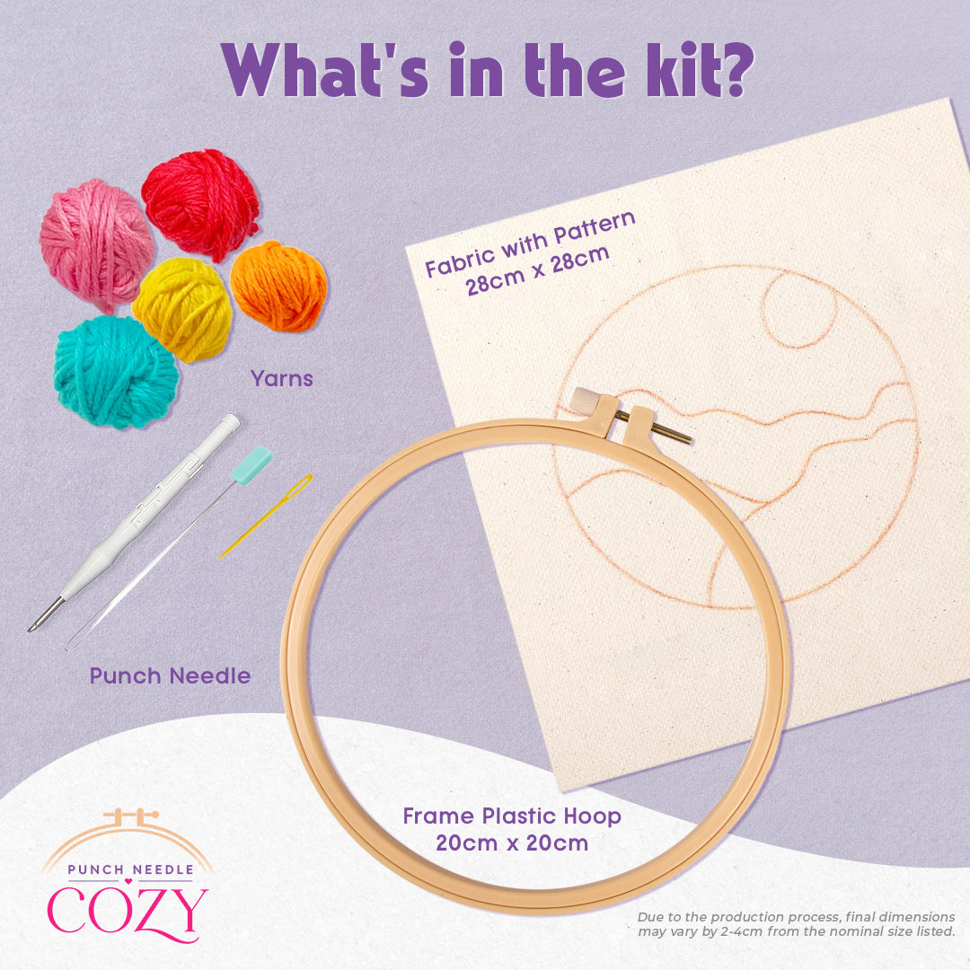 Embroidery kit with yarns, punch needle, plastic hoop, and fabric on a light purple background.