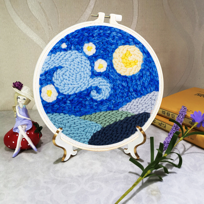 Starry Night Swirl Punch Needle Kit - Starry Night inspired design with a yellow crescent moon and swirling blue sky