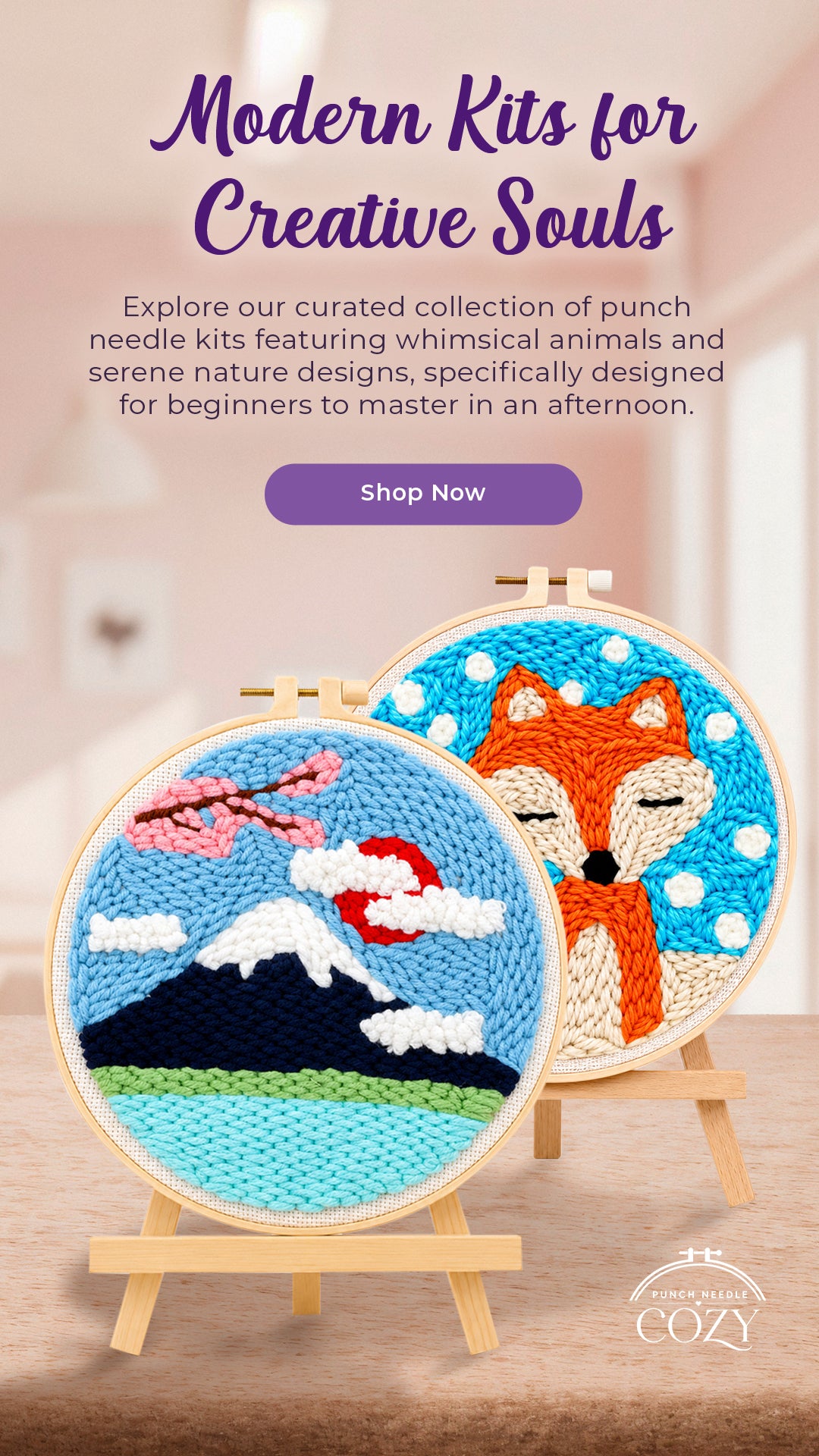 Two punch needle kits featuring a fox and mountain design on a wooden surface